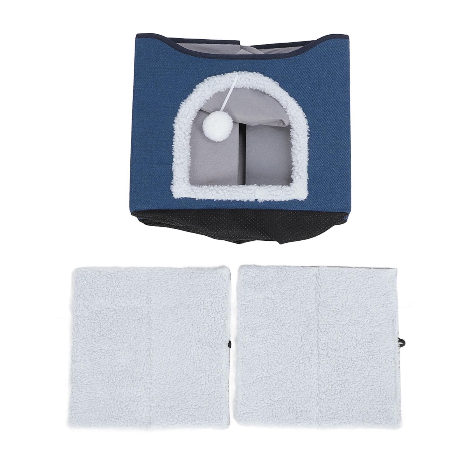 Foldable Cat House 2 Layer Collapsible Kitten House Multifunctional Cat Cave Bed Soft Cat Scratcher navy blue