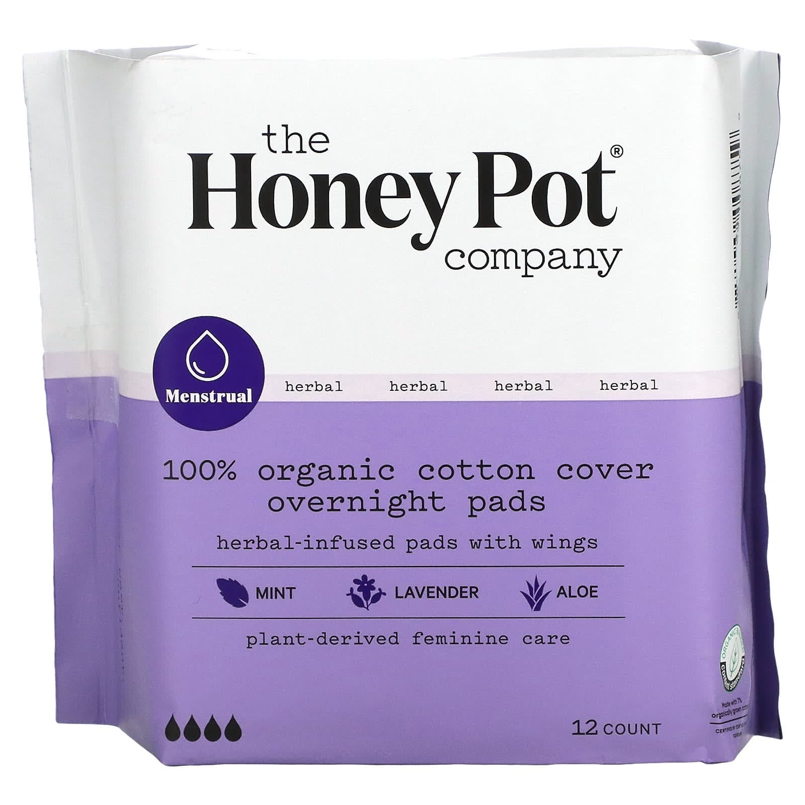 The Honey Pot Company, Organic Herbal Infused Winged Pads, Overnight, 12 Count