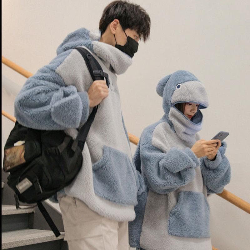 Kawaii Shark Shape Hoodie for Women Cute Funny Coat Korean Loose All-match Oversized Autumn Thicken Hoodie M blue