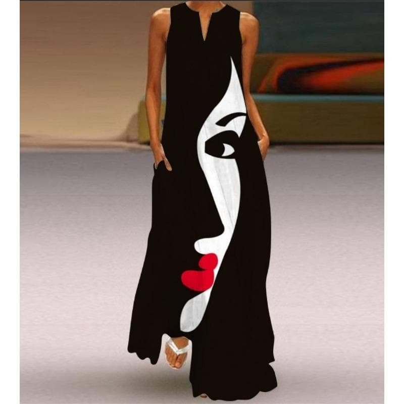 Summer Women's Dress Sleeveless Dress V-neck Print Dress 3XL