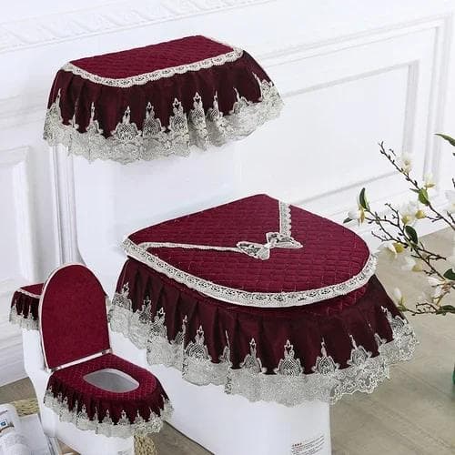 3PCS Velvet Skirt Style Toilet Mat Embroidered Lace Decorated Toilet Seat Mat Printed Dust Cover of Toilet Closestool