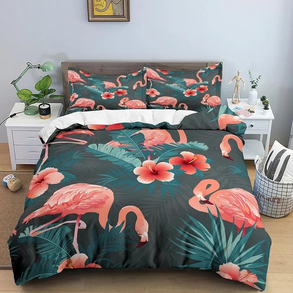 Flamingo Duvet Cover King Queen 3D Pink Animal Bedding Set for Kids Teens Adults Watercolor Style Quilt Cover with Pillowcase US Twin 173x218cm