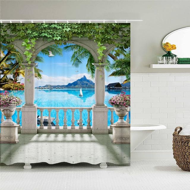 Home Wall Decor Shower Curtain 3D European Building Garden Flowers Patio Landscape Waterproof Polyester Bedroom Bathroom Curtain 150*180cm