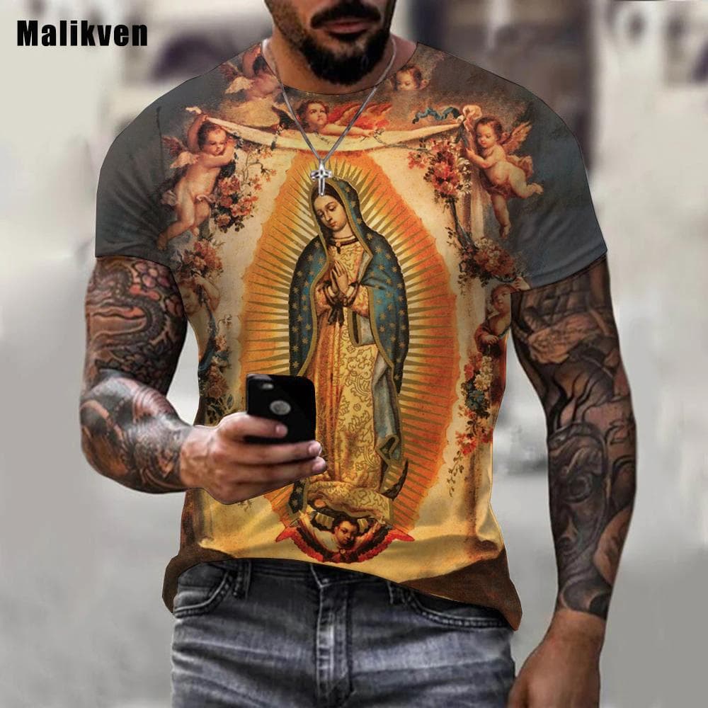Guadalupe Virgin Mary Catholic Printed 3D T-shirt Men Summer Fashion Casual Clothes Harajuku Streetwear Tees Tops 5XL