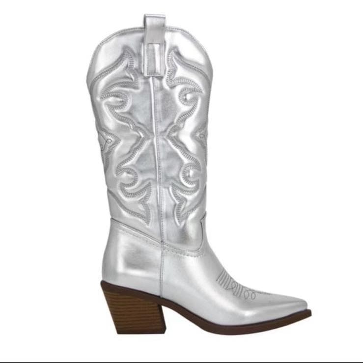 Pink Cowboy Cowgirl Woman Boots For Women Western Zip Embroidered Pointed With High Heels Middle Calves Autumn Trendy Boots Shoes 42 silver