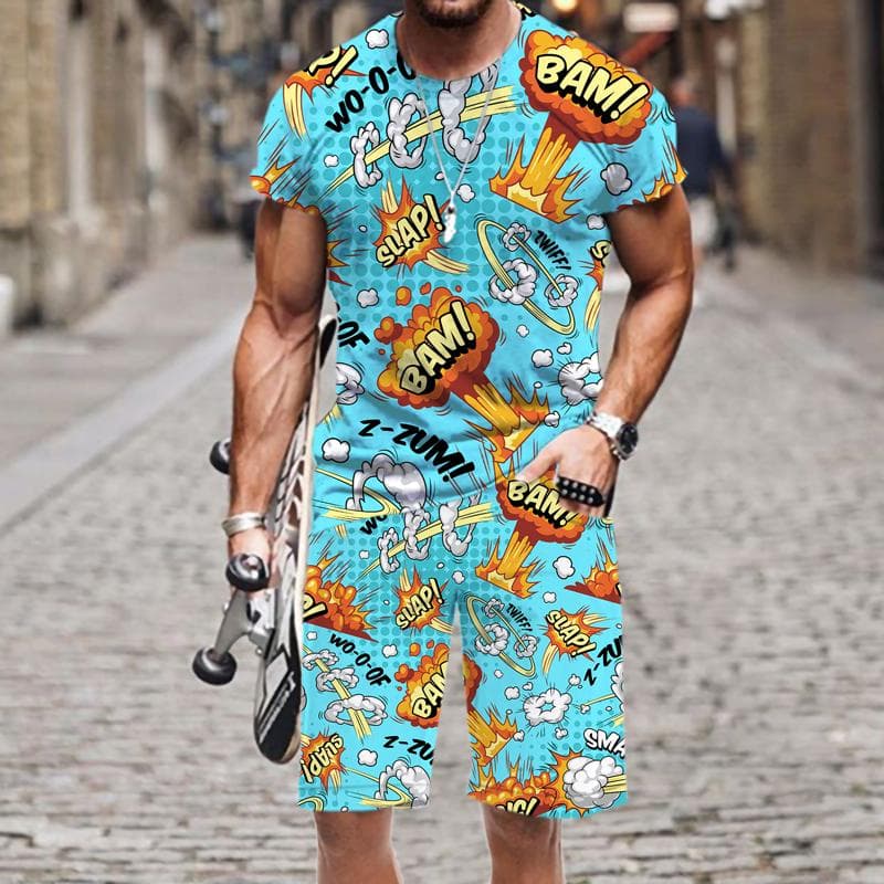 Summer Men's T-Shirt Set Hip Hop Funny Short Sleeve T-Shirt Shorts 2-piece Tracksuit Colorful Casual Sports Suit Unisex Clothing XXL