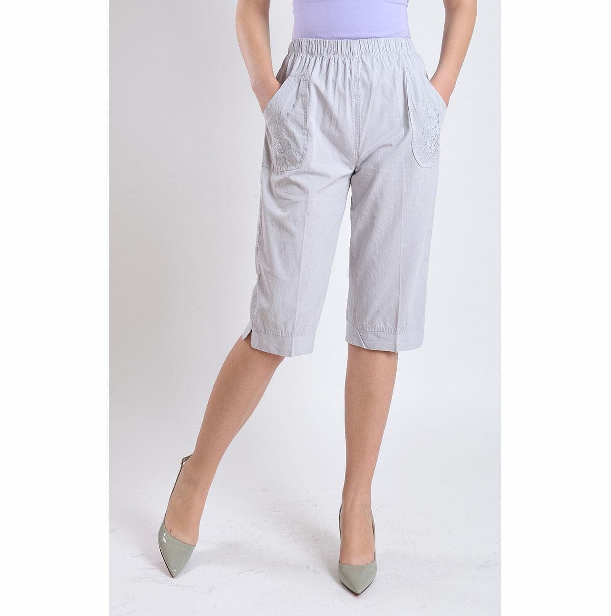 Middle-aged and Elderly Summer Elastic Waist Ladies High Waist Straight Pants Large Size Washed Cotton Cropped Pants XXXL grey