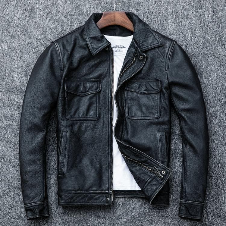 Retro First-layer Yellow Cowhide Genuine Leather Men's Motorcycle Distressed Leather Jacket L black