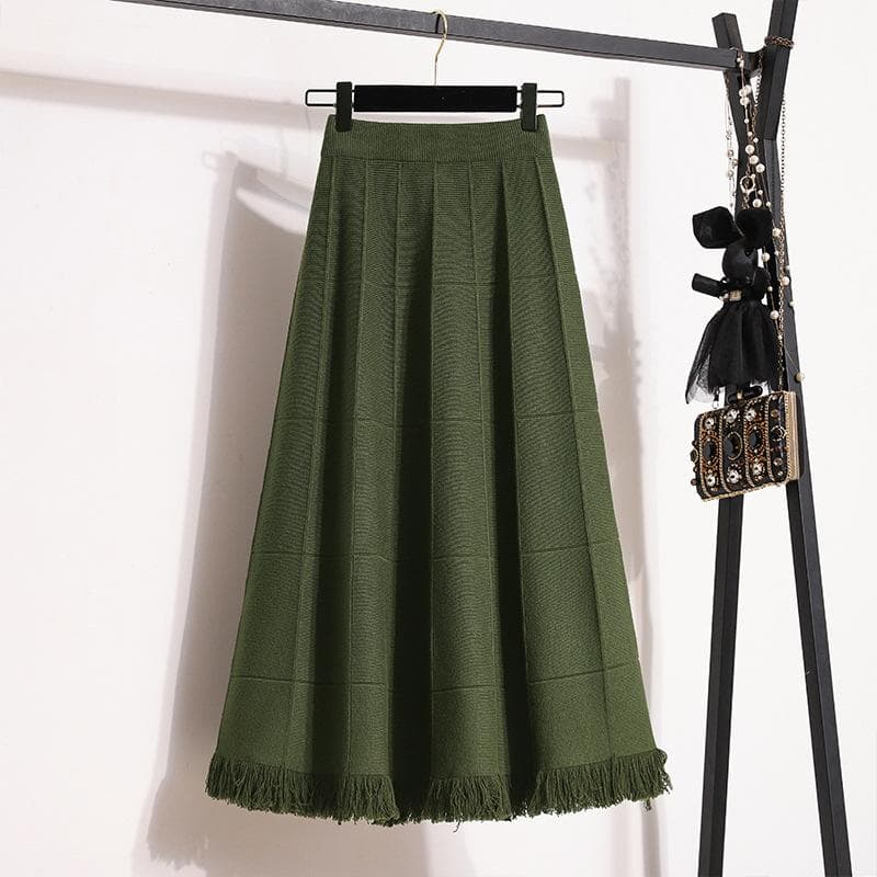 Large Size Women's Fat Mm New Winter Style Slim and Age-reducing Tassel-edged Simple A-line Skirt Loose Skirt for Women 4XL green