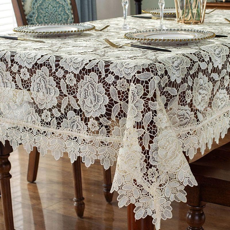 French Lace Retro Tablecloth Rectangular Dining Table Cover Cloth Embroidered White High-end Coffee Table Mat 105*155 yellow rose