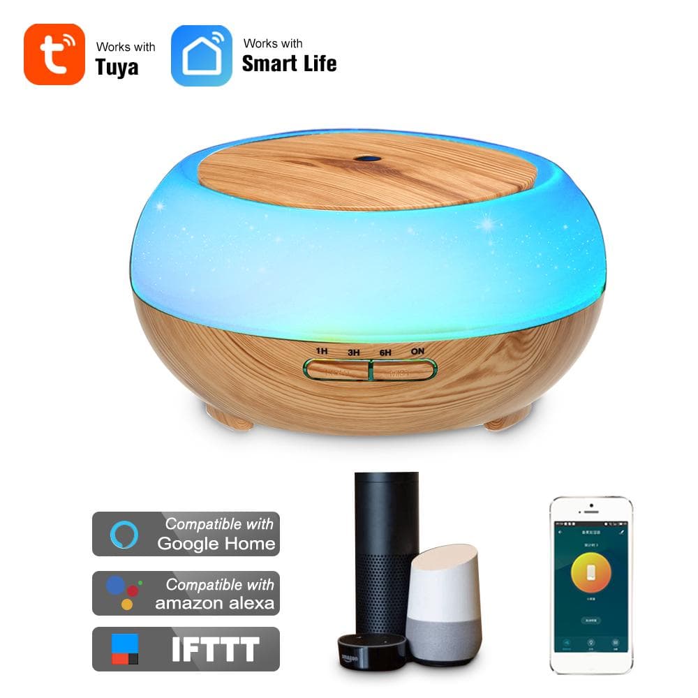 Smart Wifi Wireless LED Night Lamp 400ml Humidifier Essential Oil Aromatherapy Mist Diffuser Phone EU Plug light wood
