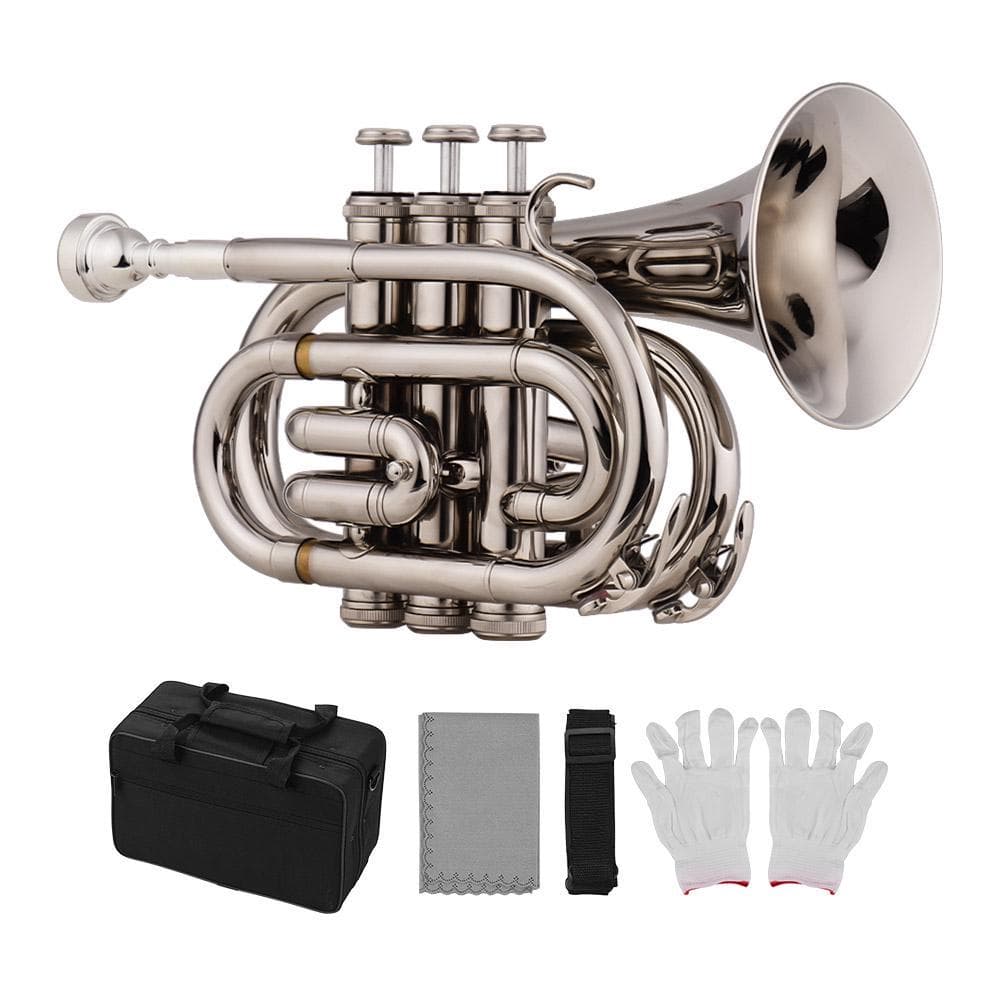 Pocket Trumpet Bb Flat Brass Material Wind Instrument w/Cleaning Cloth Case silver
