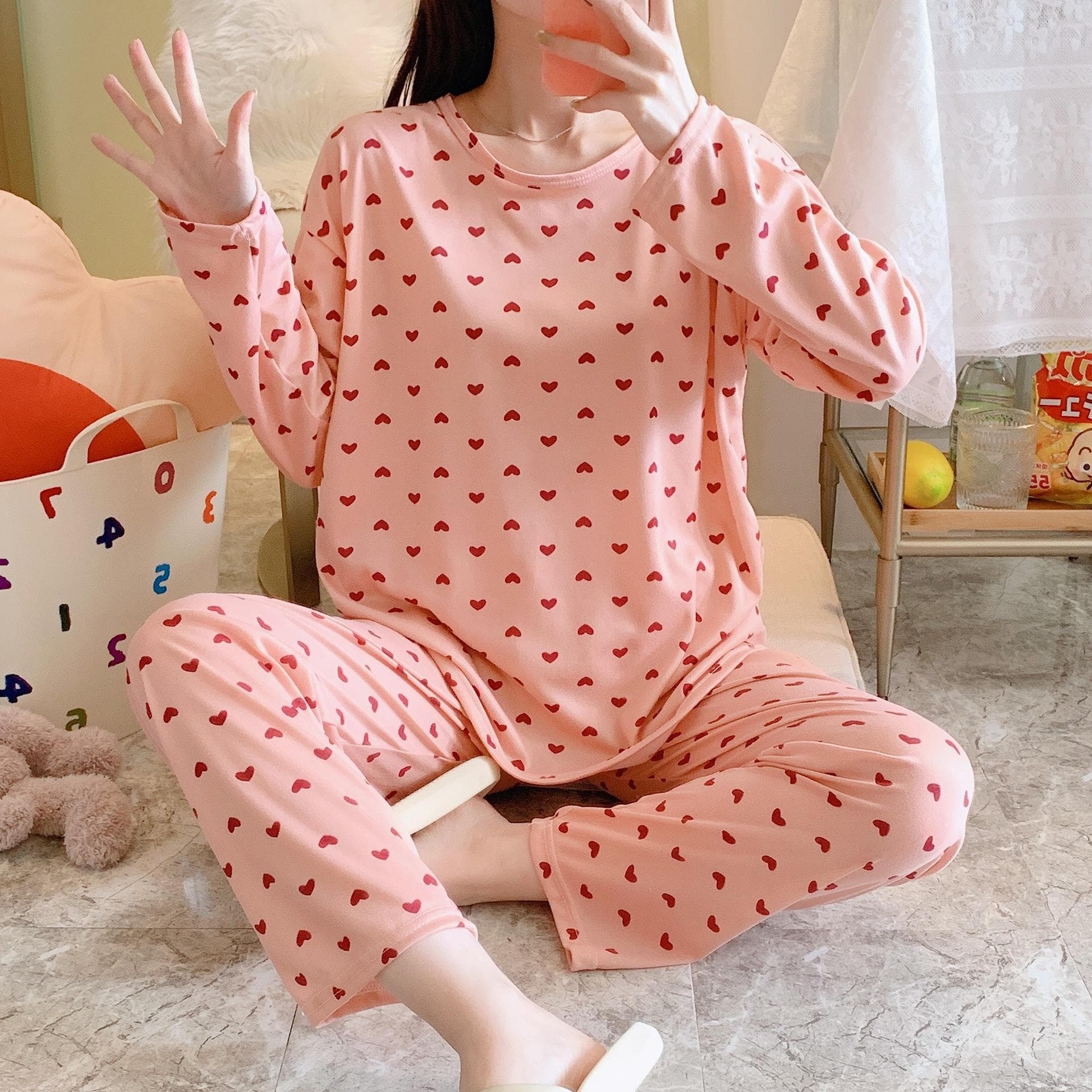 Loose Spring and Autumn 2-piece Pajamas Long-sleeved Casual Simple Cute Sweet Floral Comfortable Home Wear Women's Maternity Wear One size