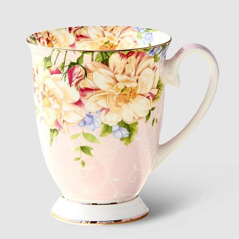 300ml Bone China Coffee Mugs- Blue Pink Elegant Floral Tea Mug with Gold Trim, Large Capacity Ceramic Cup for Coffee Tea and Milk for Home Office pink