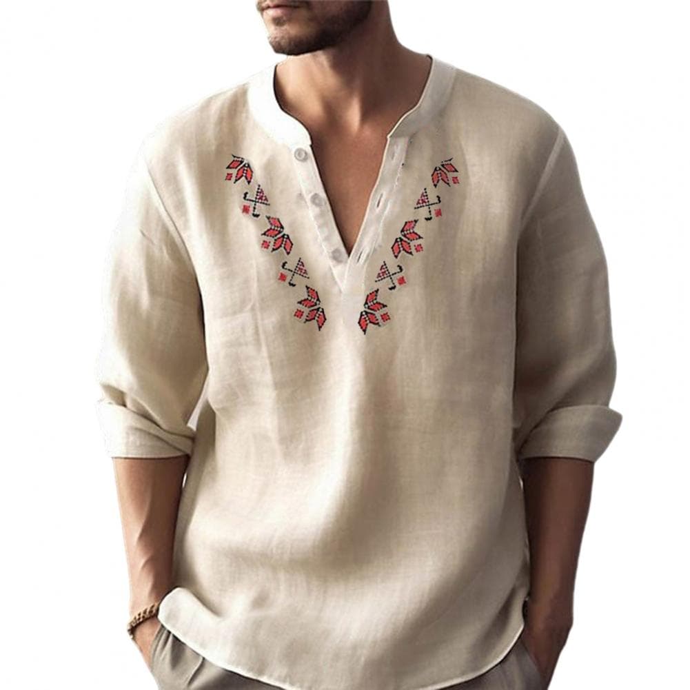Men Geometric Print Buttons Neckline Shirt Tops V-neck Long Sleeve Loose Fit Solid Color Thin Pullover Tops Workwear M khaki