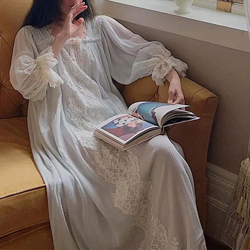 Women's Pure Cotton French Fairy Pajamas Nightgown Retro Princess Loose Long-sleeved Spring and Autumn Pajamas S blue