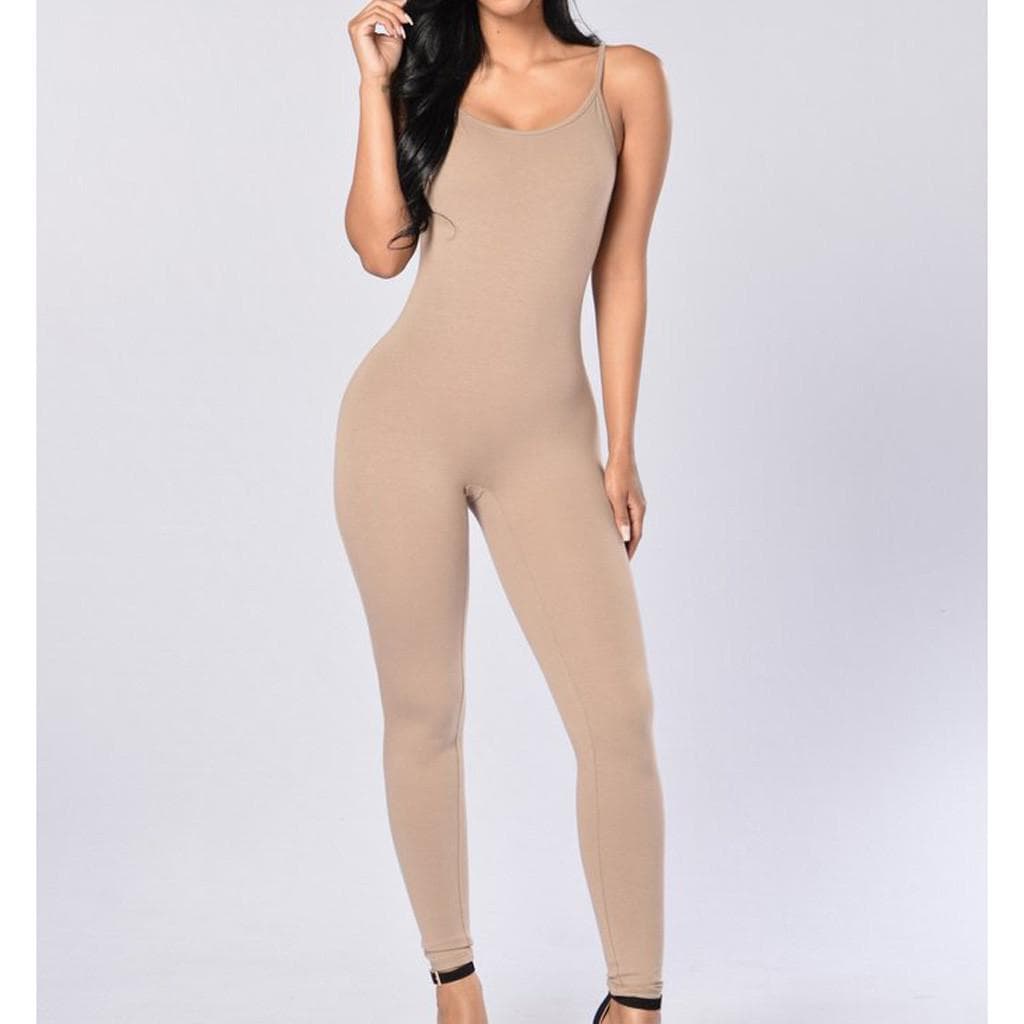Women Solid O-neck Sexy Slim Yoga Pants Fitness Sleeveless Mid Jumpsuit L khaki