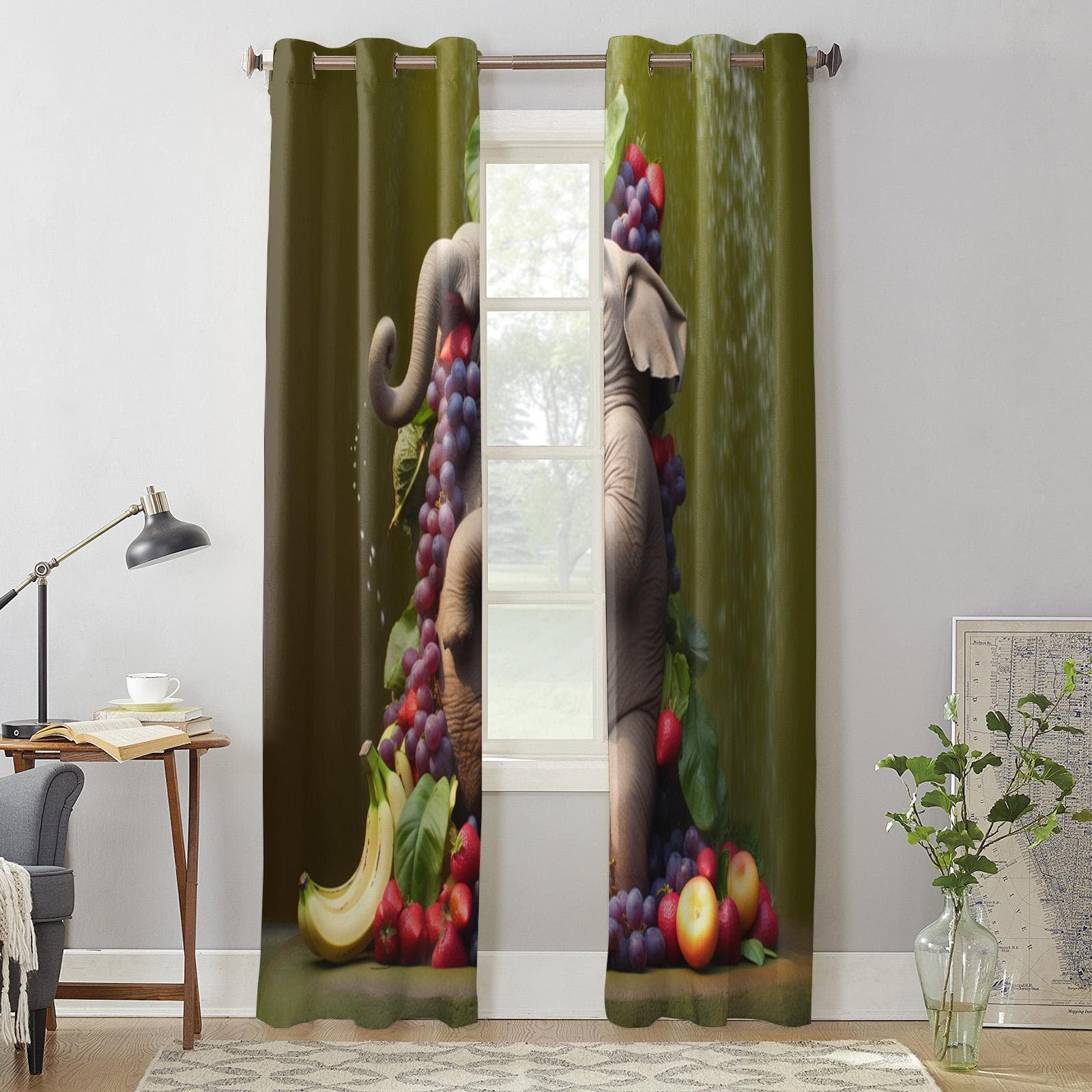 Fruit Elephant Bathing Curtains for Bedroom Living Room Window Curtain Treatments Blinds Kitchen Home Decor Drapes 135W x 60H(cm) x1