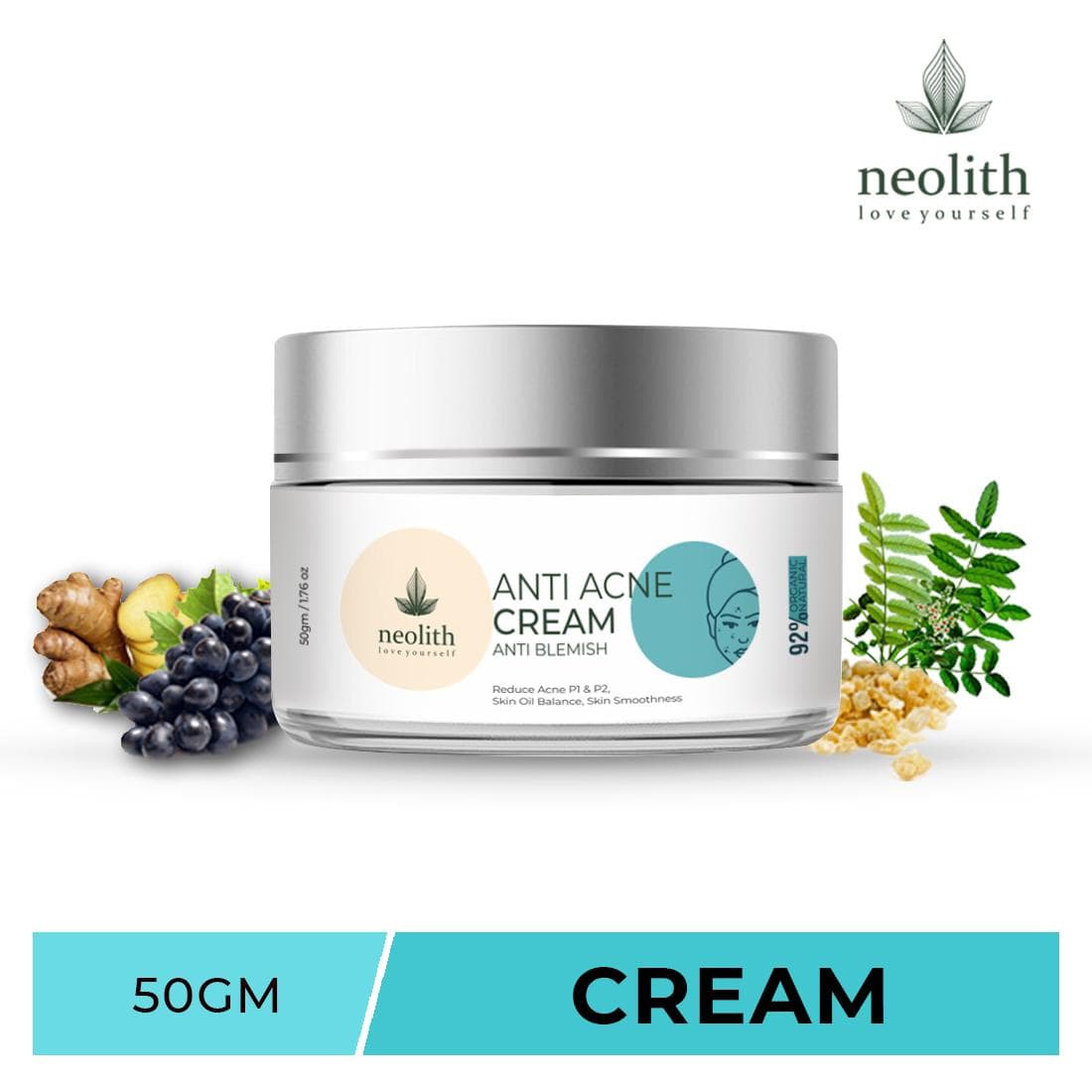 Neolith Anti Acne cream - Anti Pimple, Anti Blemish || Ginger root extract, Grape fruit extract, Resin extract || 92% Organic || 50 ML 50 ML white