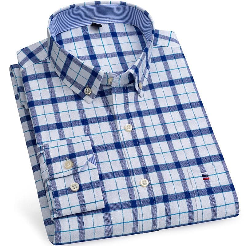 Cotton Oxford Shirt Plus Size S~7XL Casual Business Men Plaid Shirts Checkered Design Regular Fit Long Sleeve with Front Pocket Man's Blouses 4XL