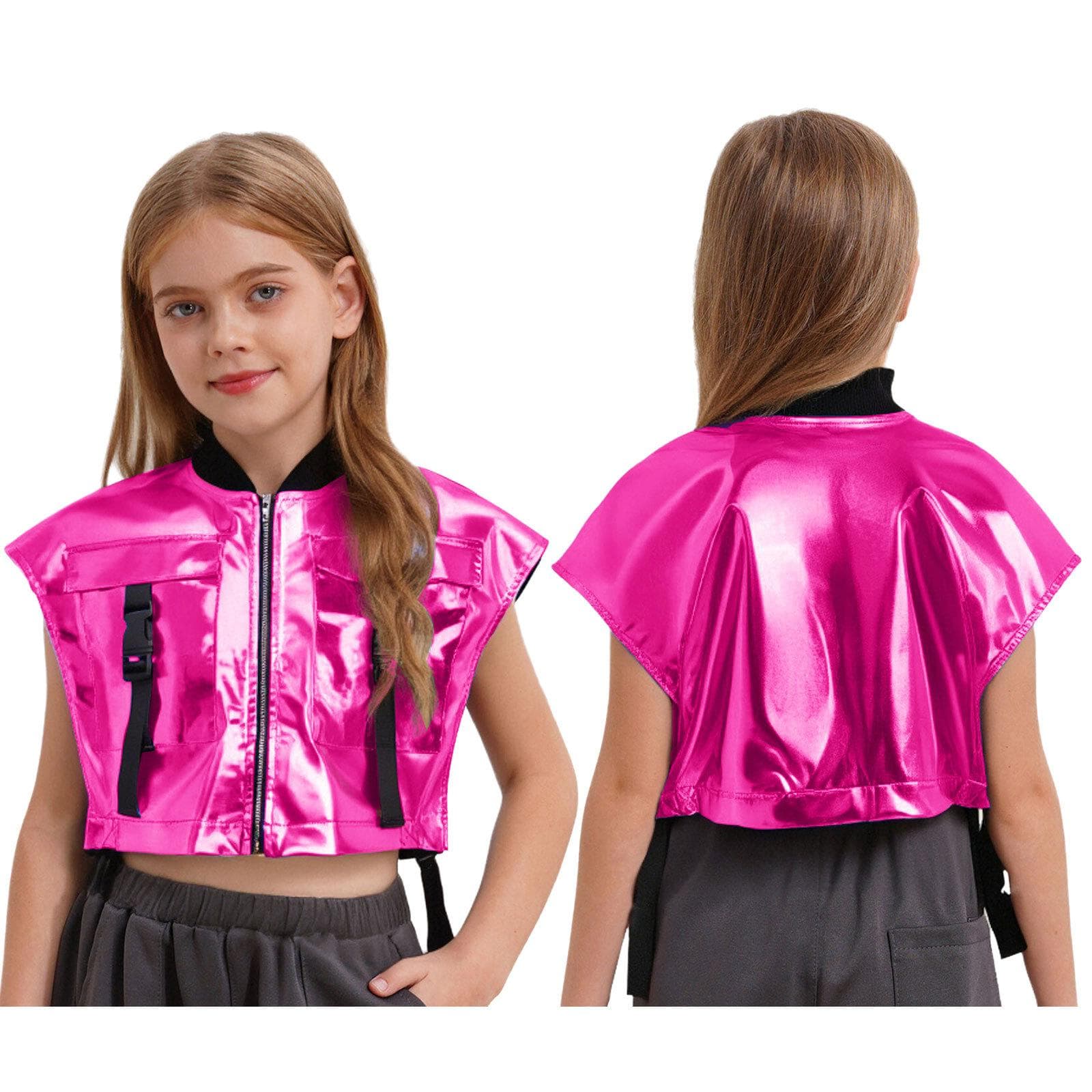 Kids Girls Jazz Dance Stage Vest: Sides Open Metallic Jacket with Zipper & Buckle Pockets, Sleeveless Performance Top 13-14 Years hot pink