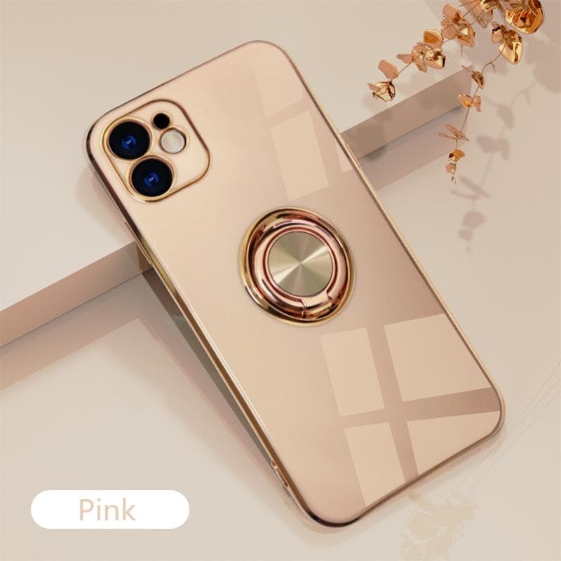 Luxury Plating Metal Ring Holder Stand Case For IPhone 16 15 14 Plus 13 12 11 Pro Max XR X XS 7 8 SE Soft Silicone Back Cover For iPhone 13 Pro pink