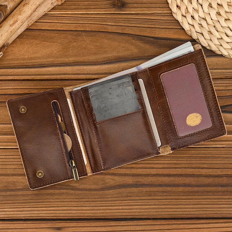 Men Leather Short Wallet with Chain Zipper Clutch Wallets Male Short Trifold Purse Card Holder Change Coin Purse coffee