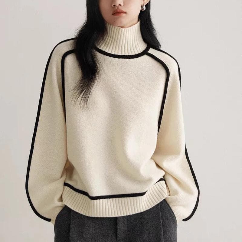 Winter women's elegant high neck solid color knitted long sleeved warm sweater M white