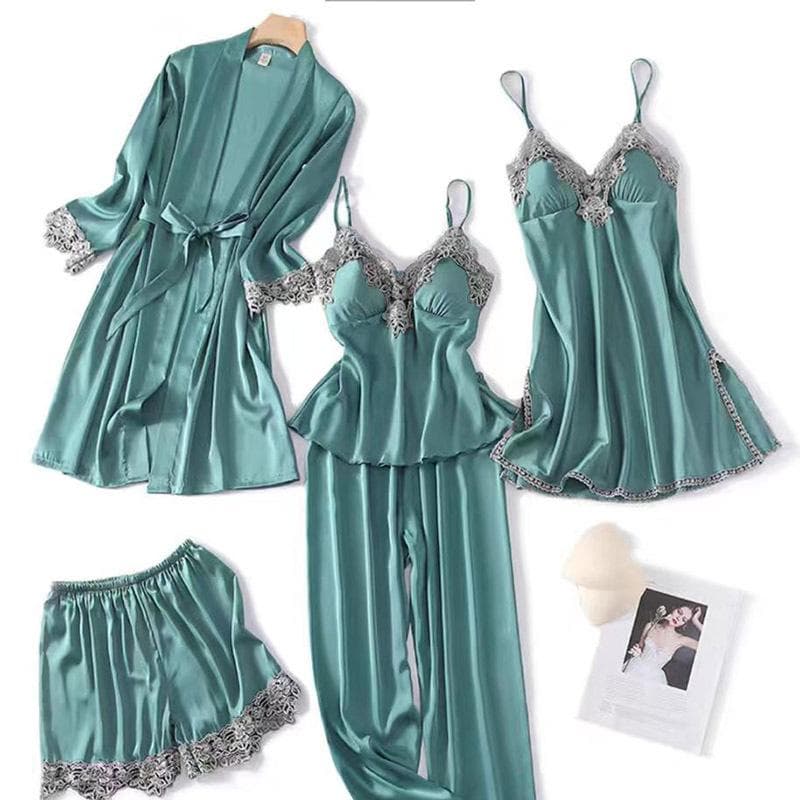 Women's New Pajamas 5-piece Sexy Set Satin Pajamas Lace Strap Bathrobe Pajamas Casual Home Wear 2XL