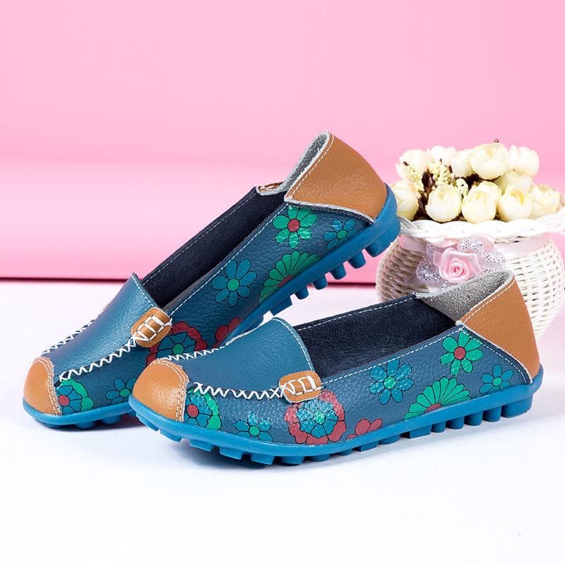 Women Flower Floral Leather Loafers Flats Balletshoe Round Toe Slip On Shoes 39 blue