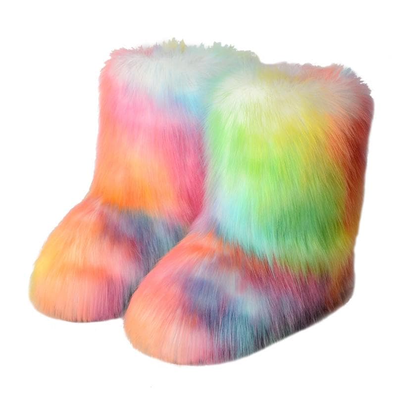 Women's Flat-heel High-top Imitation Fur Boots Warm Solid Color Winter Yellow Deep Mouth Round Toe Mid-tube Snow Boots 39