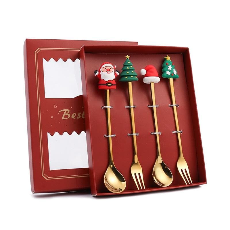 4PCS Christmas Spoon Fork Set Stainless Steel Santa Christmas Tree Shaped Decor Tableware for Home with Red Box