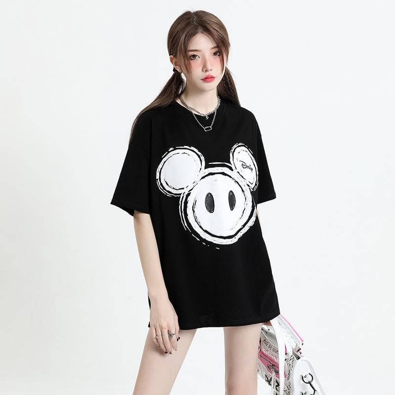 T-shirt Women's and Men's New Summer Clothing Creative Printing Loose and Thin Round Neck Short-sleeved Shirt XL black