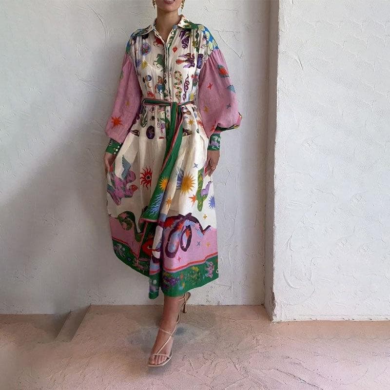 Spring New Women's Clothing Temperament Lantern Sleeve Print Lapel Big Pendulum Dress Women 3XL purple