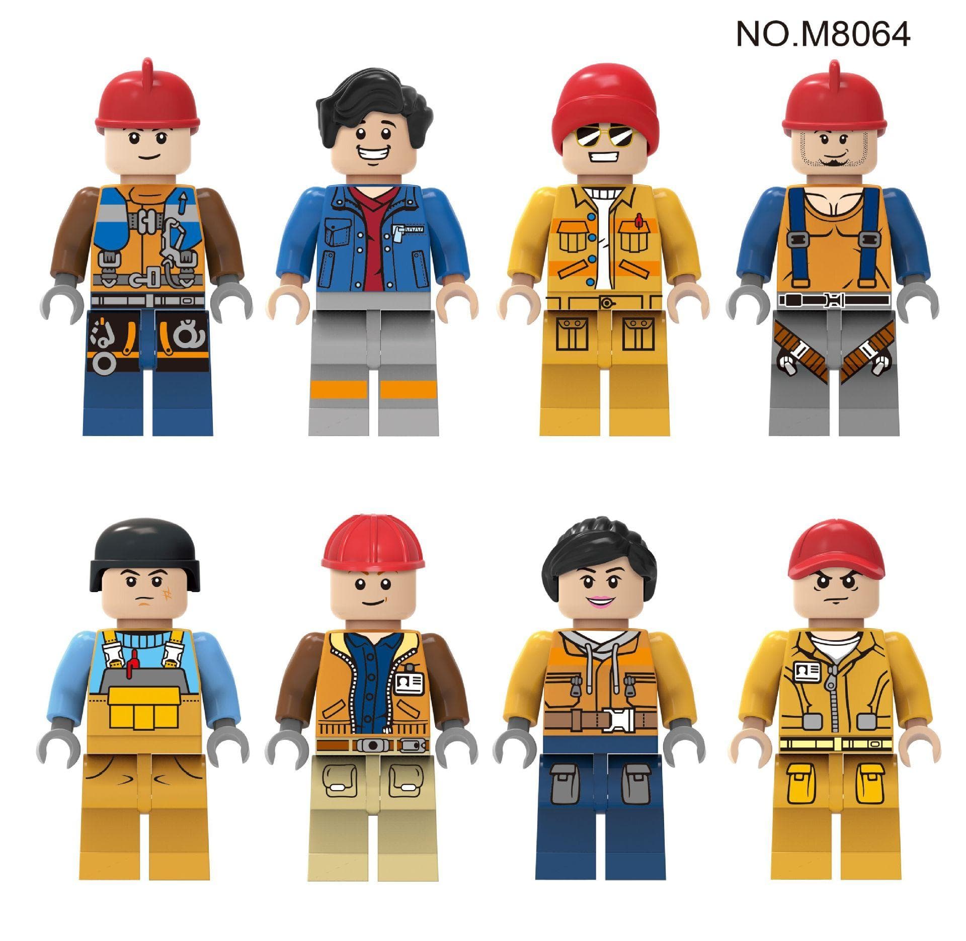 M8064 8pcs Construction Workers and Engineers Professional Building Block Doll Toys