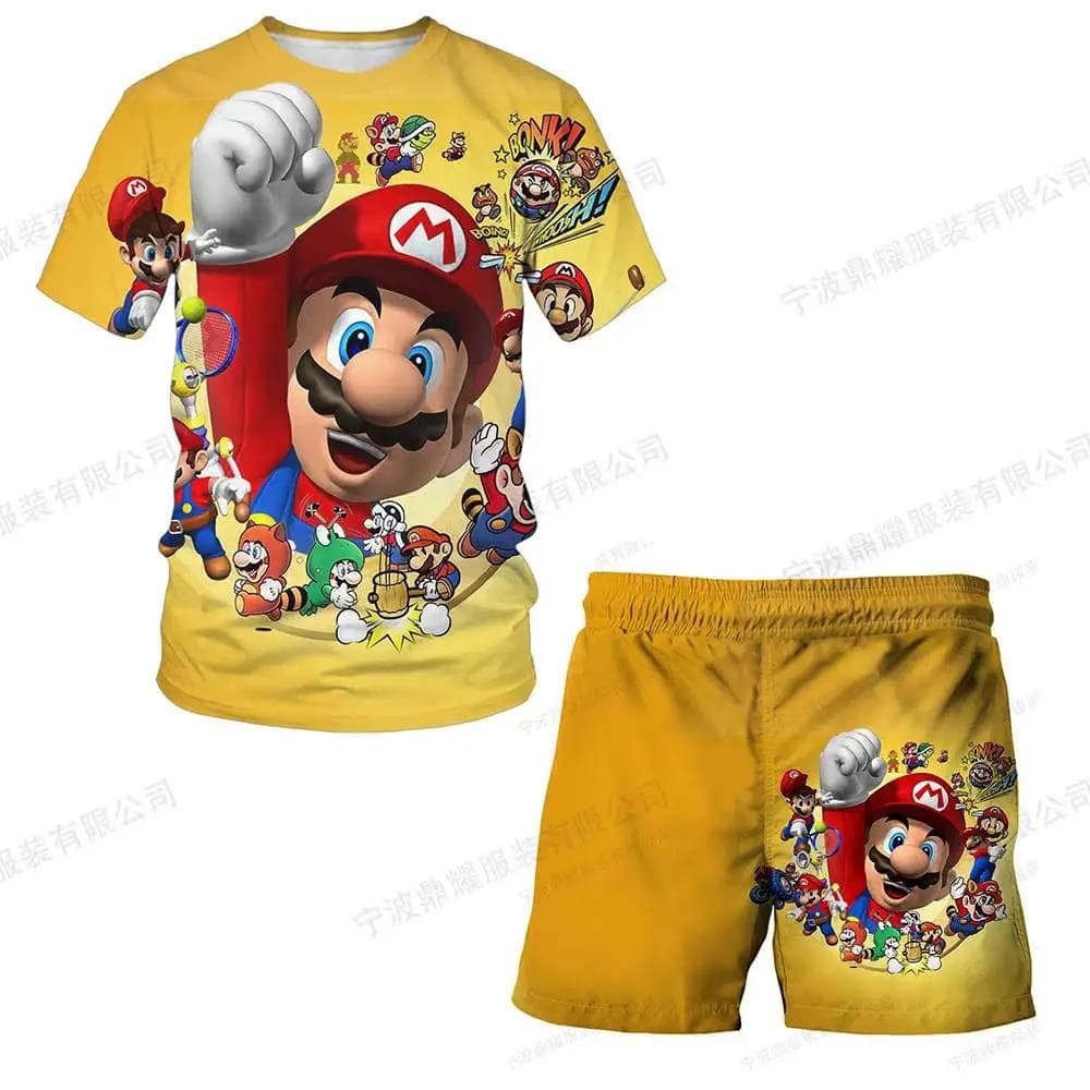 2025 MINISO Children's Clothing Sets Cosplay Super Mario T-shirts Shorts 2 Pcs Suits Kids Boys Girls Tops Tee Mario Bros T-shirt Pants Suit 140