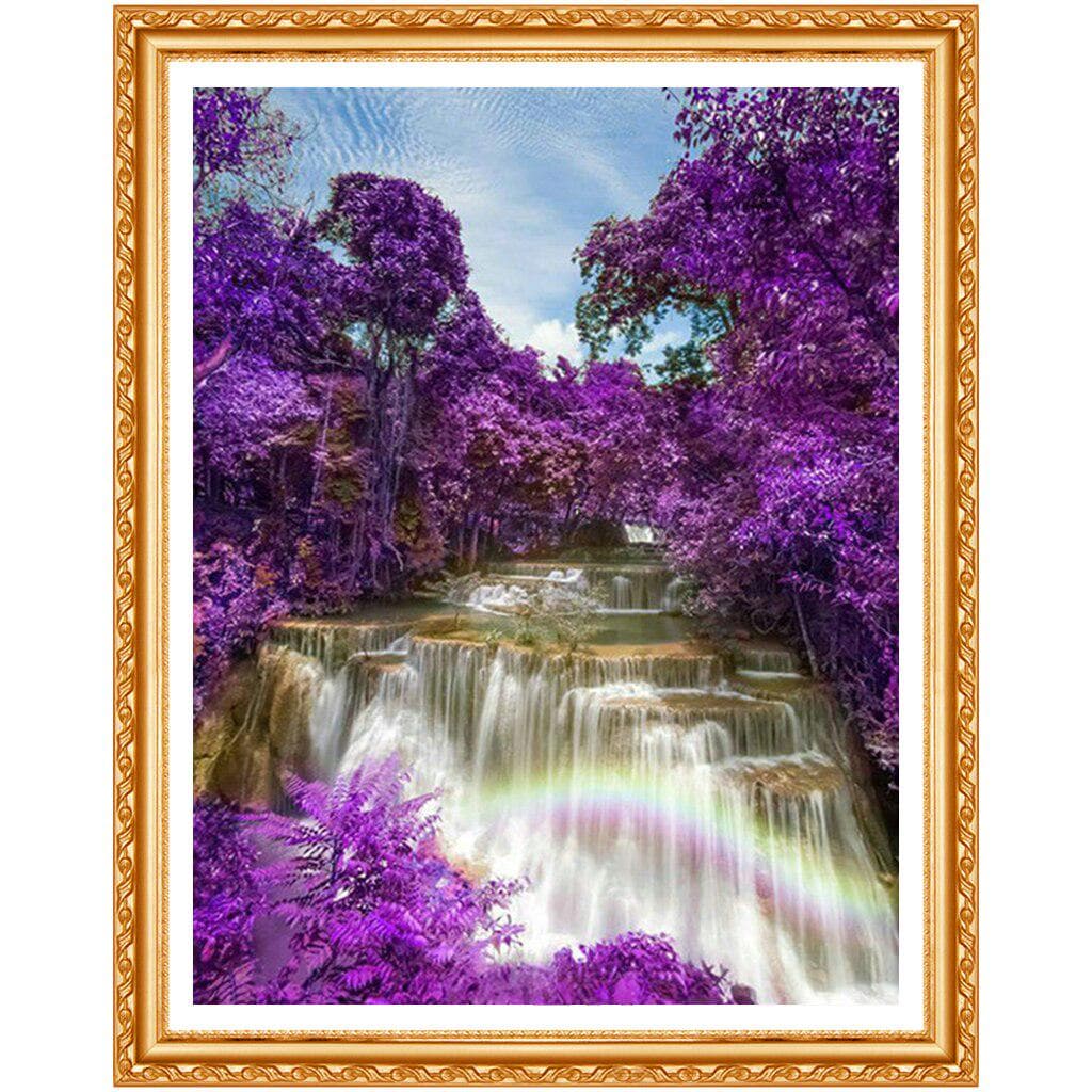 Diamond Painting Cross Stitch Bead Pattern Embroidery Landscape Waterfall Handmade Purple Tree 20X30CM