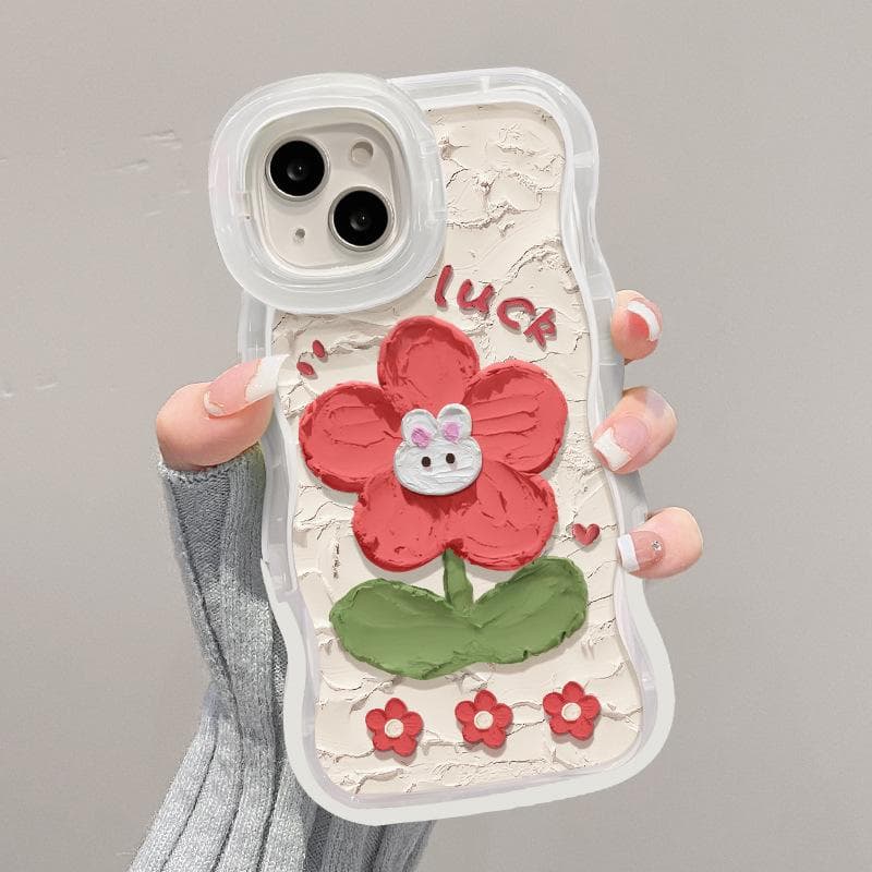 Applicable To 15 IPhone 14 Oil Painting Rabbit Red Flower 13 Wavy Edge Invisible Double Bracket 12 Transparent Redmi K40/K40 Pro