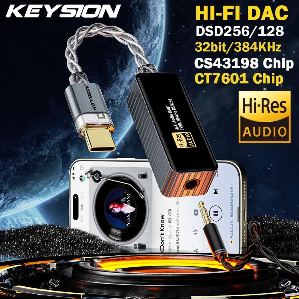 KEYSION 384kHz DSD256 CS43198+CT7601 Portable USB DAC Audio HiFi Decoder Headphone Amplifier 3.5 Jack for Android iOS Mac Win10 gray