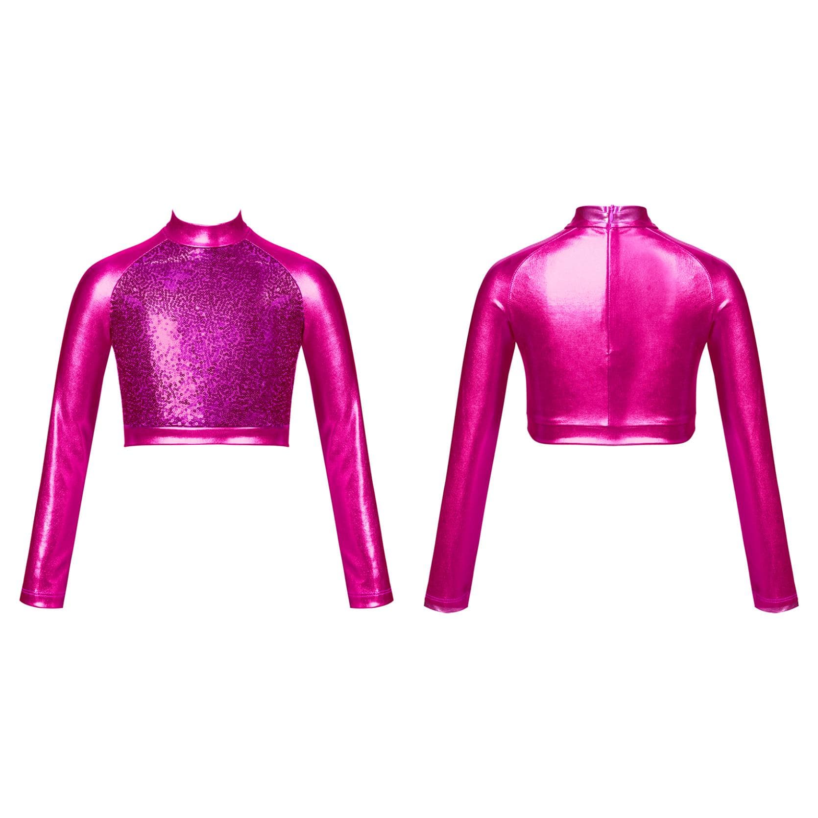 Kids Girls High Neck Glitter Crop Top Metallic Long Sleeve T-Shirt Ballet Dance Leotard Gymnastics Performance 13-14 Years hot pink
