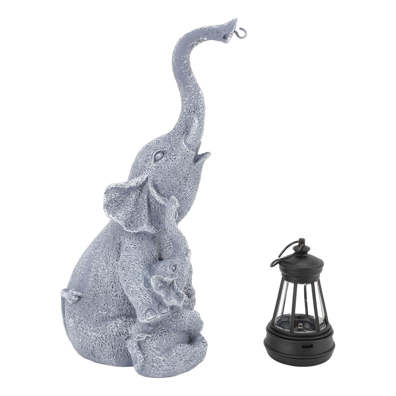 Solar Outdoor Garden Statues Lights Mother Cute Toddler Elephant Figurines with Solar Lantern Decor