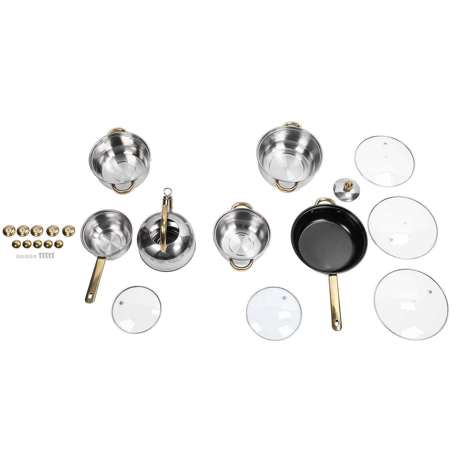 Cookware Set Stainless Steel Rustproof Stick Proof Safe Pan Pot Set for Home Kitchen Restaurant Gold Handle with Kettle L