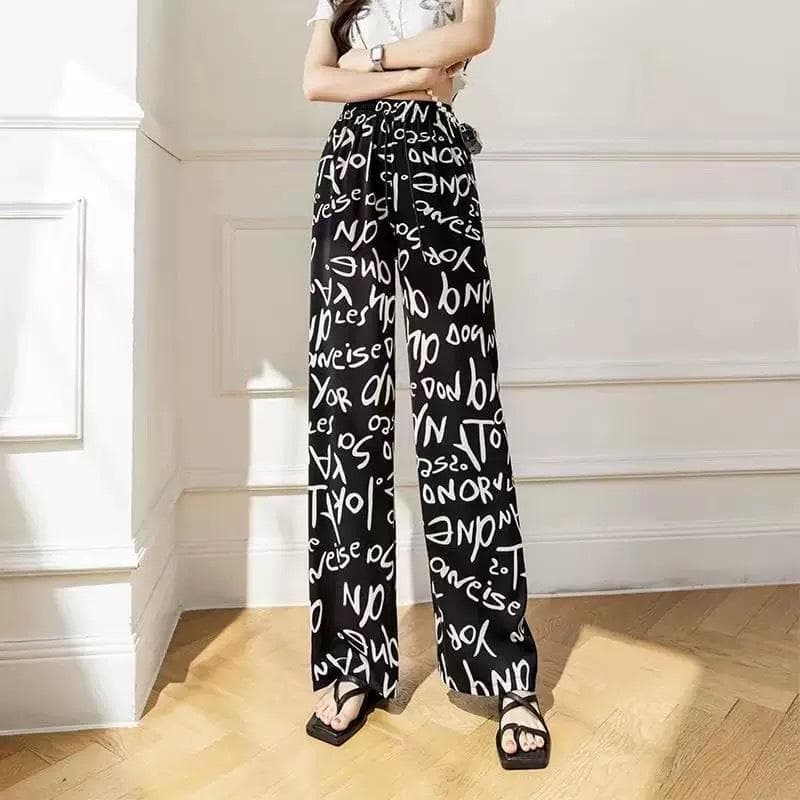 Women's Summer Korean Style Ice Silk Tie-Dye Wide-Leg Pants One Size (Fits 80-150 Jin)
