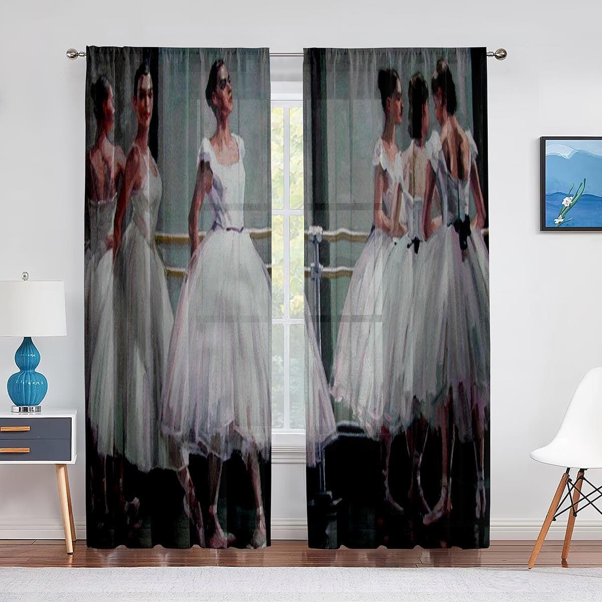 Retro Ballerina Dancing Classic Performance Tulle Curtain for Living Room Decoration Chiffon Sheer Voile Kitchen Bedroom Curtain 1 PCS W100XH250cm&Grommet Top