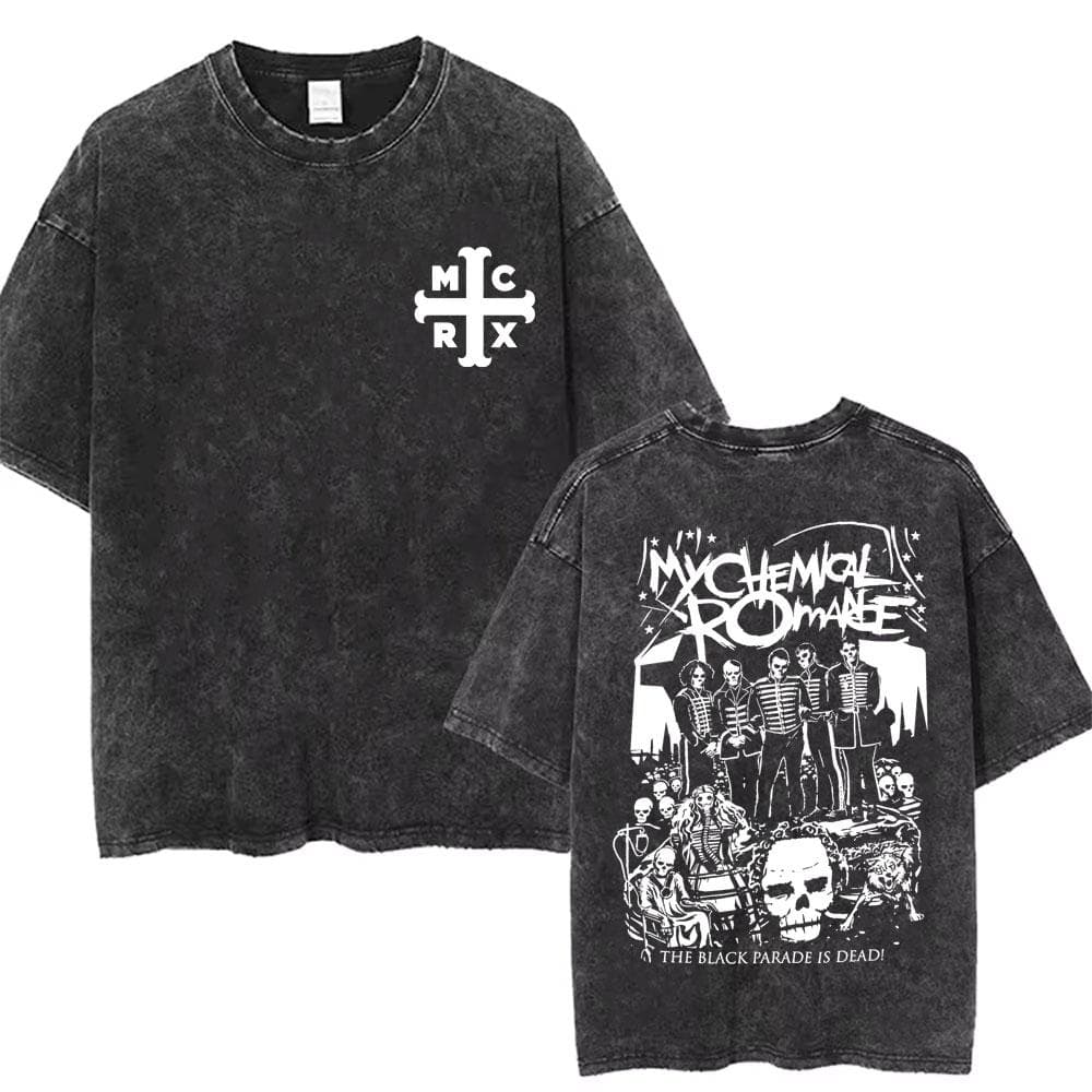 Men Women Punk Emo Rock Oversized Short Sleeve Tops Rock Band My Chemical Romance Washed Vintage Printed T Shirt 2XL