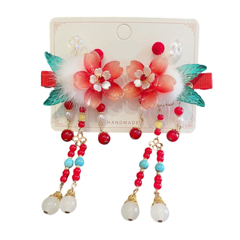 1 Pair Girls Hairpins Chinese Style Long Tassel Flower Beads Bow Decor Anti-slip Festive Photo Prop New Year Hair Decoration Hai