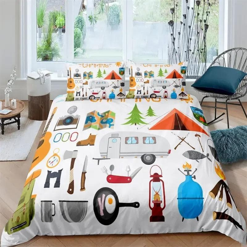 Happy Camping Duvet Cover Queen Cartoon Caravan Camping Bedding Set Farmhouse Style 3D Camper Comforter Cover With Pillowcases 135x200cm 2pcs