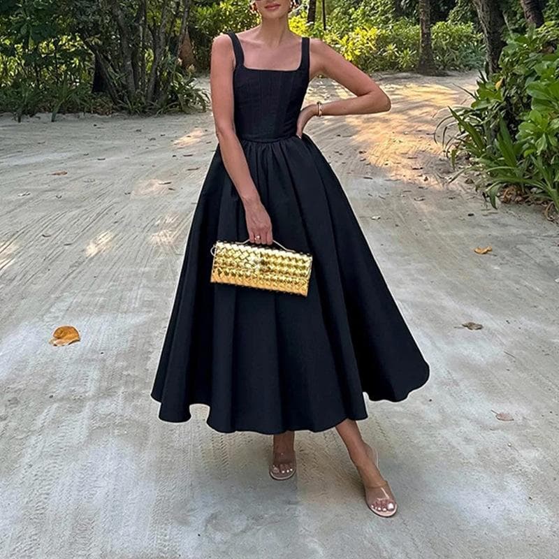 New Spring Women's Clothing Elegant Square Collar Dress Sexy Pleated Waist Dress 3XL black