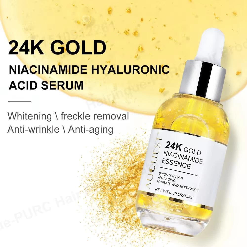 AUQUEST Niacinamide Serum Hyaluronic Acid for Face 24K Gold Essence Whitening Anti-Aging Collagen Facial Serum Skin Care Products 15ml yellow