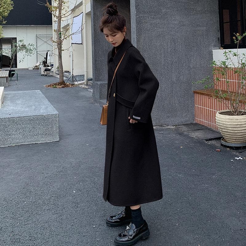 Off-white Double-sided Cashmere Coat for Women In Autumn and Winter New Style Over-the-knee Hepburn Style Woolen Coat L